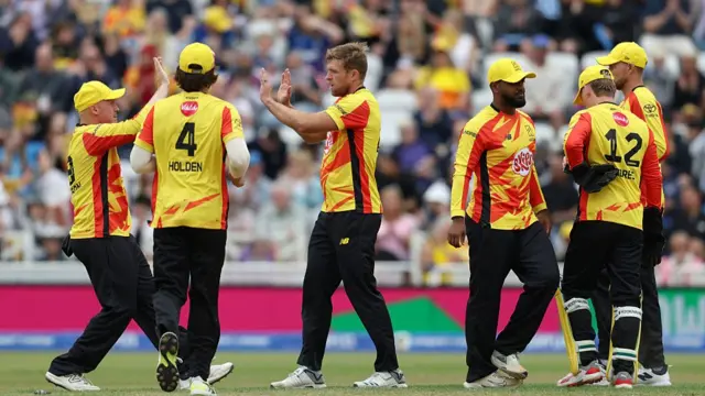 David Willey of Trent Rockets celebrates after taking the wicket of James Vince
