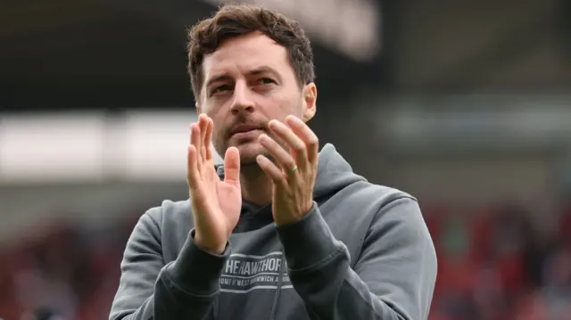 West Brom boss Ryan Mason applauds travelling fans at Wrexham