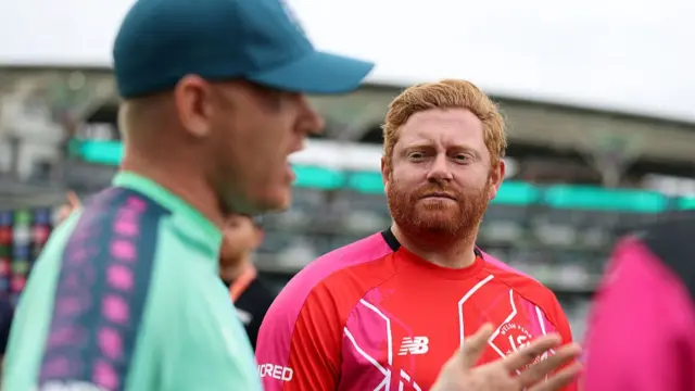 Jonny Bairstow of Welsh Fire looks on during the coin toss with Sam Billings of Oval Invincibles