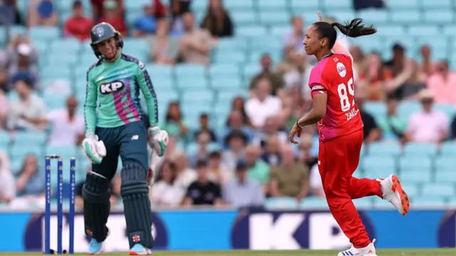 Shabnim Ismail of Welsh Fire celebrates after taking the wicket of Lauren Winfield-Hill