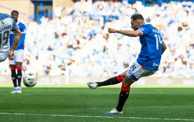 Rangers' Nedim Bajrami scores to make it 1-0 during a Premier Sports Cup Second Round match between Rangers and Alloa Athletic at Ibro
