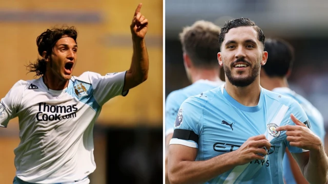Bianchi celebrates scoring v West Ham in 2011/ Cherki celebrates scoring v Wolves in 2025
