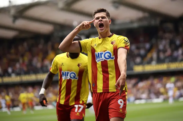 Luca Kjerrumgaard of Watford celebrates scoring his team's first goal
