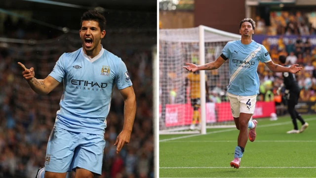 Sergio Aguero in 2011 celebrating v Swansea/ Reijnders celebrates v Wolves 2025