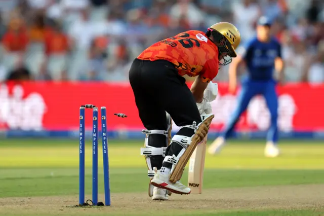 Will Smeed is bowled by Luke Wood