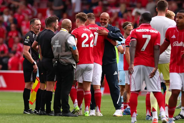 Nottingham Forest Manager Nuno Espirito Santo with Chris Wood after the 3-1