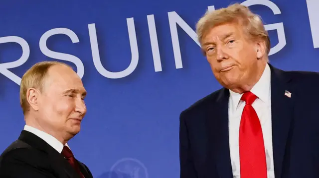 President Trump and President Putin. The picture shows them from shoulders up and the frame is slightly tilted