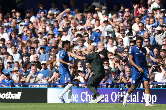 Enzo Maresca, Head Coach of Chelsea, gives instructions to Estevao