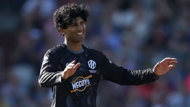 Rachin Ravindra of Manchester Originals celebrates after dismissing Mitchell Santner