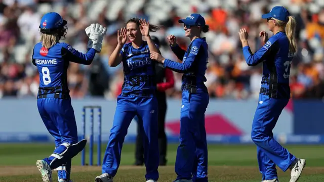 Eva Gray of London Spirit celebrates with team mate Georgia Redmayne