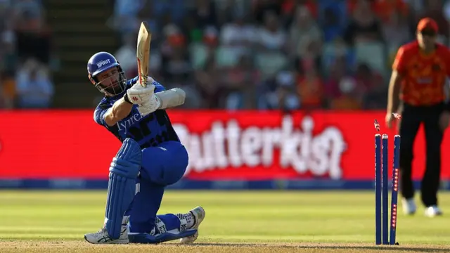 Kane Williamson of London Spirit is bowled by Chris Wood