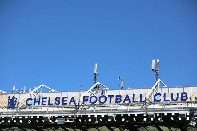 A view of the Chelsea football club sign on a stand