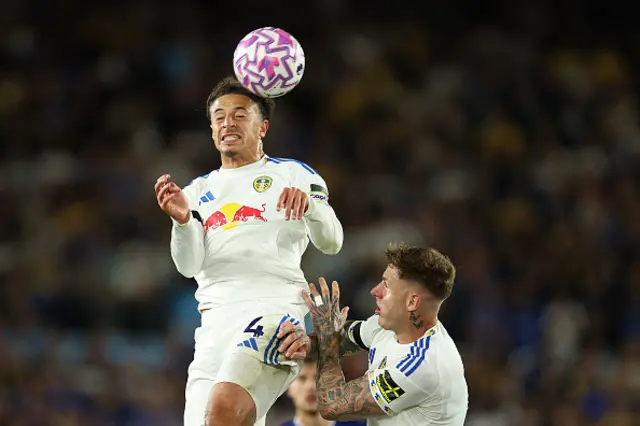 Ethan Ampadu of Leeds United heads the ball