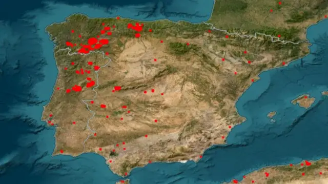 Map showing hot spots in Spain and Portugal