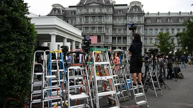 Several stepladders are clustered outside the White House near to where European leaders are expected to arrive, a number of cameras have been set up nearby
