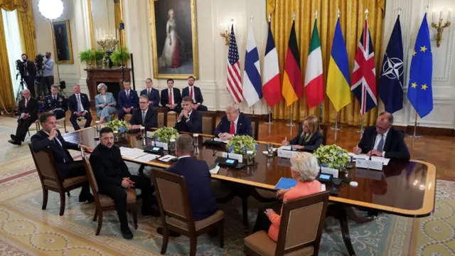 European leaders and Donald Trump sit around a table at the White House