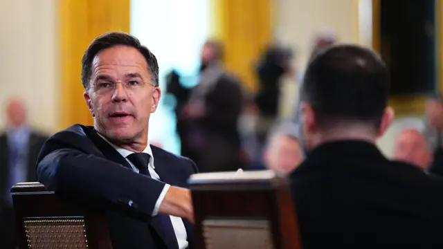 NATO Secretary-General Mark Rutte participates in a Multilateral Meeting with European Leaders in the East Room of the White House