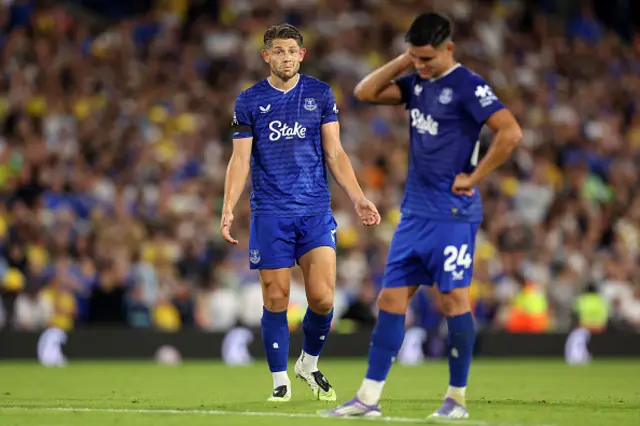 James Tarkowski of Everton reacts after handling the ball