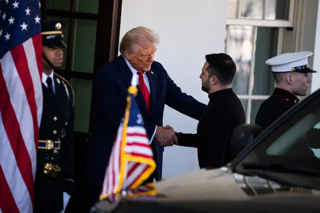 President Donald Trump greets Ukrainian President Volodymyr Zelenskyy at the White House