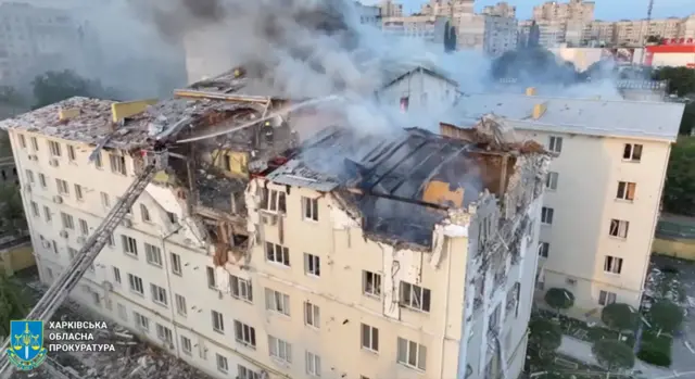 Handout image from the Kharkiv Regional Prosecutor's Office showing the extensive damage to the block in Kharkiv