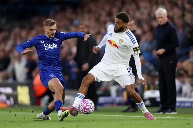 Everton's James Tarkowski in action with Leeds United's Wilfried Gnonto