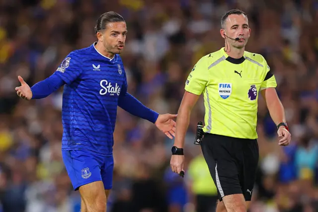 Jack Grealish of Everton argues with referee Chris Kavanagh