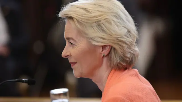 European Commission President Ursula von der Leyen participates in a meeting with U.S. President Donald Trump, Ukrainian President Volodymyr Zelensky and European leaders at the White House