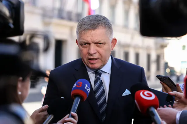 Robert Fico, Slovakia's prime minister, speaks to members of the media