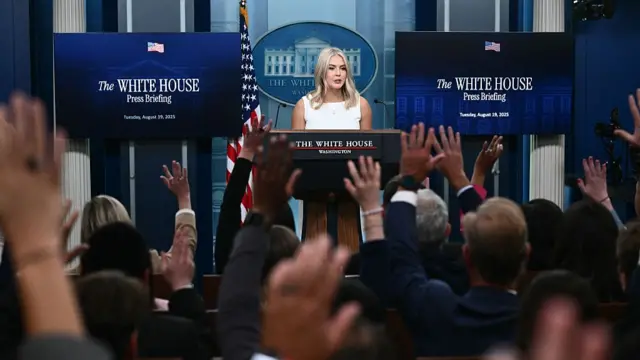 Karoline Leavitt speaks from a podium with White House branding on it as journalists sitting in front of her in the room raise their hands to ask questions.
