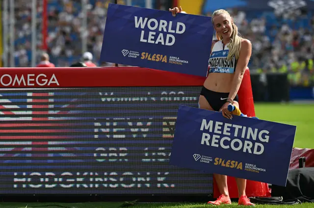 Keely Hodgkinson poses with her world-leading time in Silesia