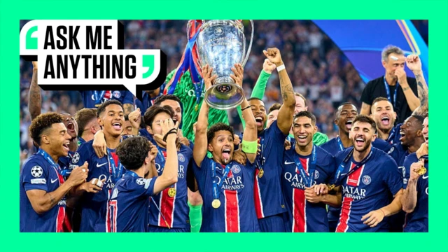 Paris St-Germain lifting the Champions League trophy with an Ask Me Anything border around them