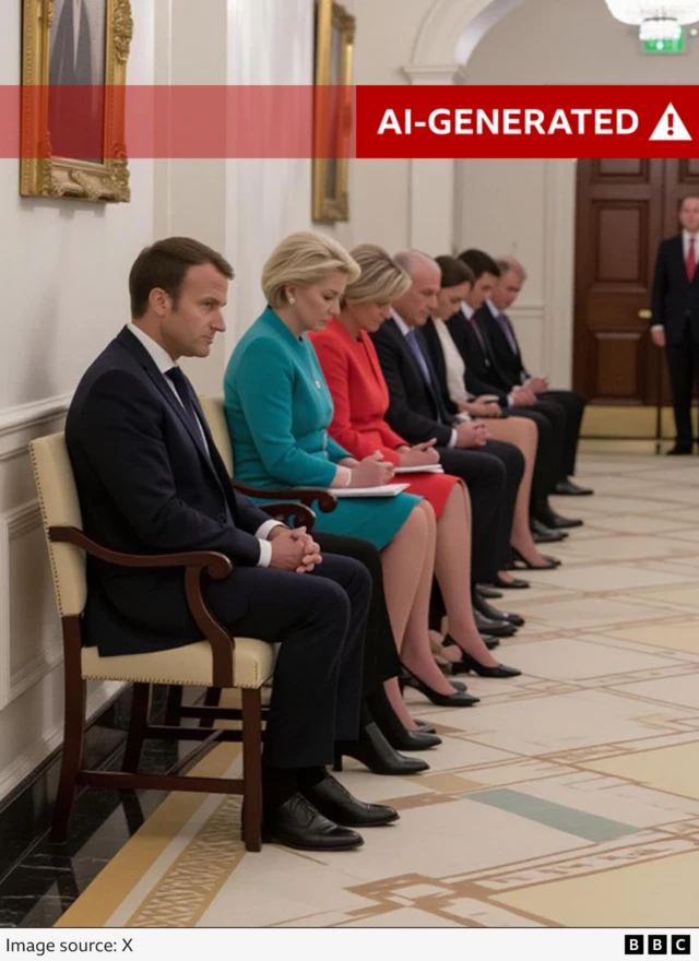 A picture of people sitting in a hallway with an 'AI-generated' banner