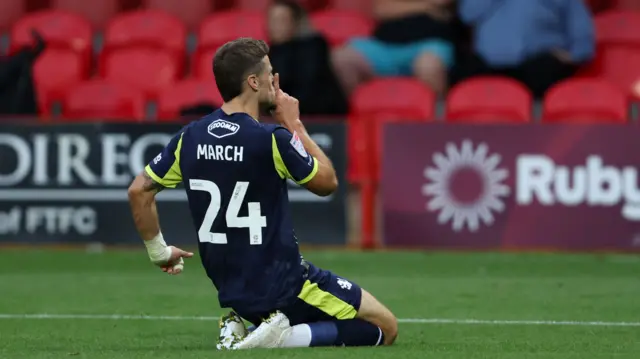 Josh March celebrates his goal at Fleetwood