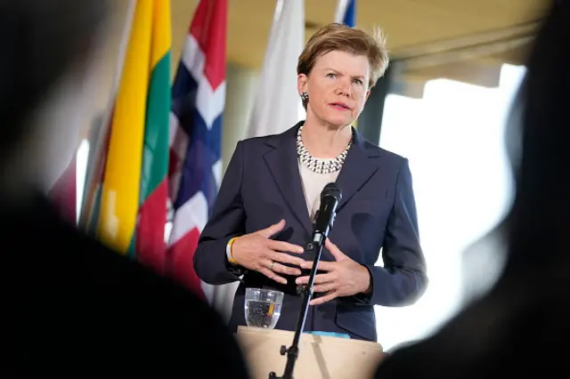 atvia's Foreign Minister Baiba Braze addresses a press conference after a meeting foreign ministers from the member countries of the Nordic-Baltic Eight