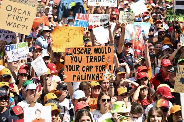 Fans hold up signs at the Hungaroring
