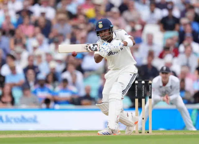India's Dhruv Jurel bats on day three of the Fifth Rothesay Men's Test at the Kia Oval, London
