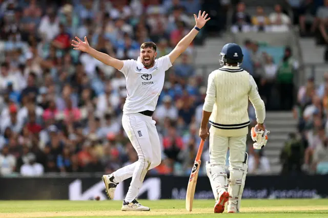 Jamie Overton appeals for a wicket