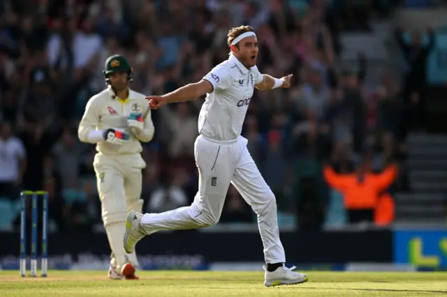 Stuart Broad celebrates wicket against Australia