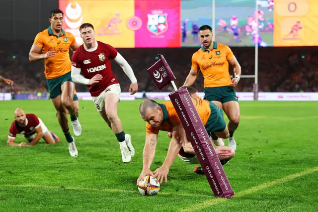 The Wallabies started like they did last week, a Suaalii play setting up Dylan Pietsch to score in the corner