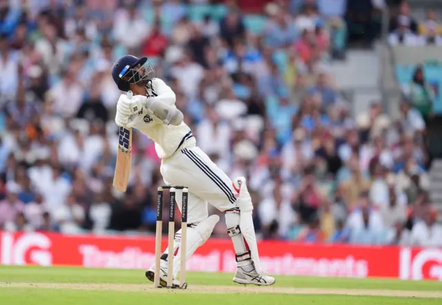 India's Washington Sundar bats on day three of the Fifth Rothesay Men's Test at the Kia Oval, London.