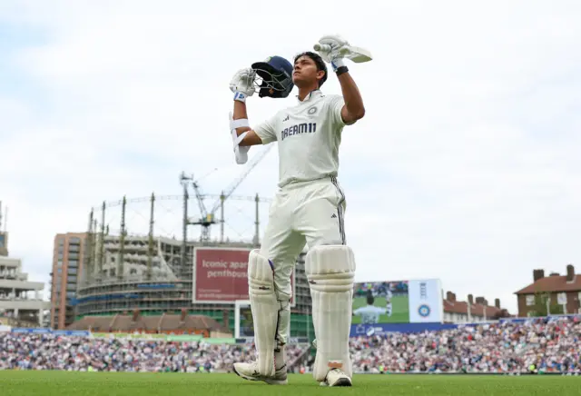 Jaiswal acknowledges the crowd as he walks off after making 118