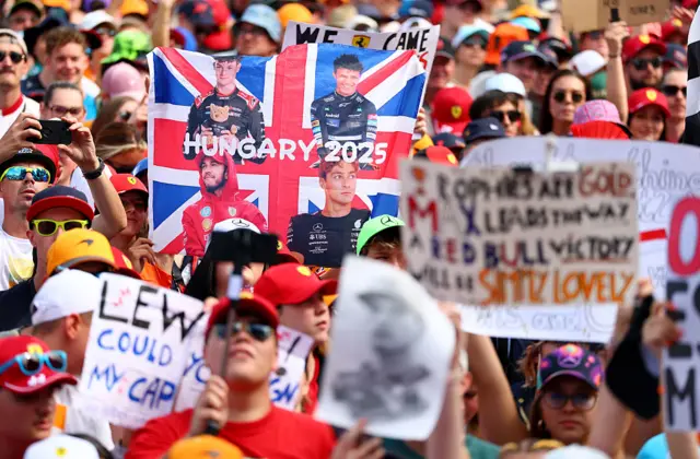 Fans hold up signs in Budapest