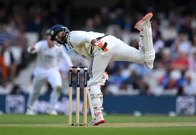 Ravindra Jadeja is hit on the boot