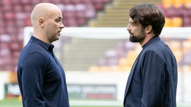 Motherwell manager Jens Berthel Askou and Rangers head coach Russell Martin