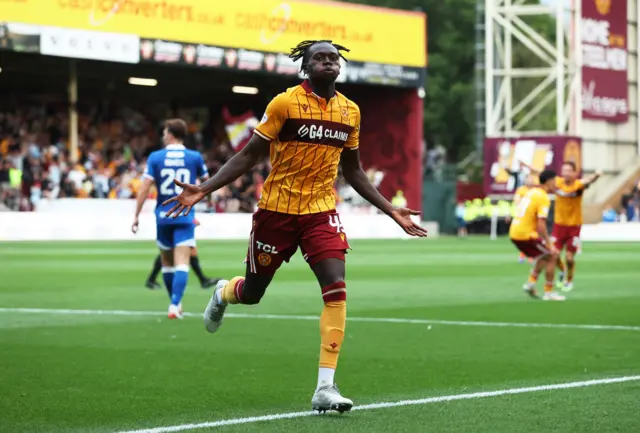 Motherwell’s Emmanuel Longelo celebrates after scoring to make it 1-1
