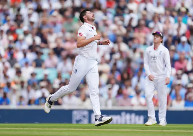 England's Josh Tongue reacts to a dropped catch on day three of the Fifth Rothesay Men's Test at the Kia Oval, London