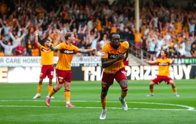 Motherwell’s Emmanuel Longelo celebrates after scoring to make it 1-1