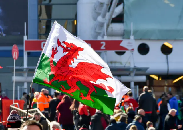 Welsh flag in Cardiff city centre before an international rugby match.