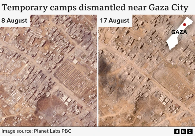 Annotated graphic showing the changes to the camp on satellite imagery from 8 August (l) and 17 August (r)
