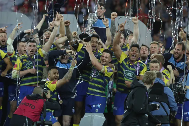 Ellis Jenkins of Cardiff Blues lifts the trophy after winning the European Rugby Challenge Cup Final match between Cardiff Blues and Gloucester Rugby at San Mames Stadium
